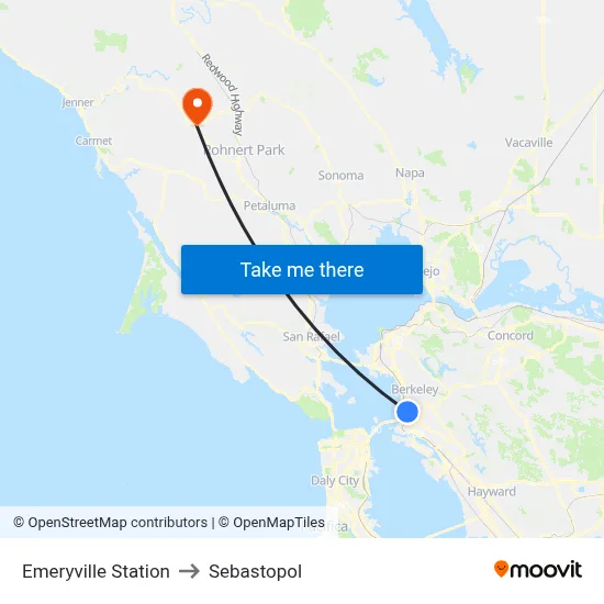 Emeryville Station to Sebastopol map