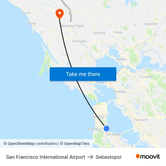 San Francisco International Airport to Sebastopol map