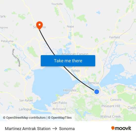 Martinez Amtrak Station to Sonoma map