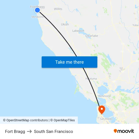 Fort Bragg to South San Francisco map