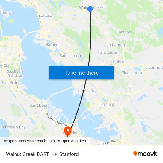 Walnut Creek BART to Stanford map