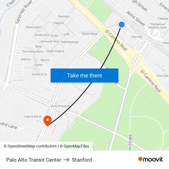 Palo Alto Transit Center to Stanford map