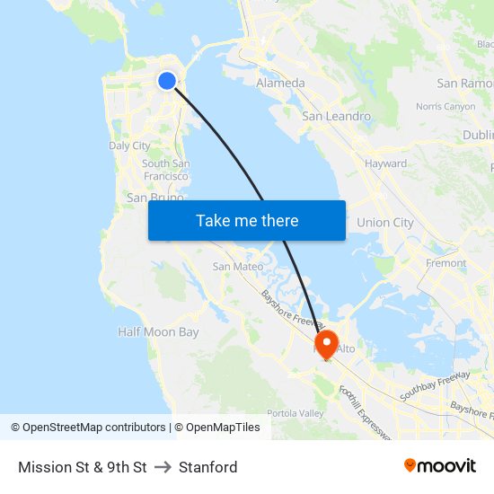 Mission St & 9th St to Stanford map