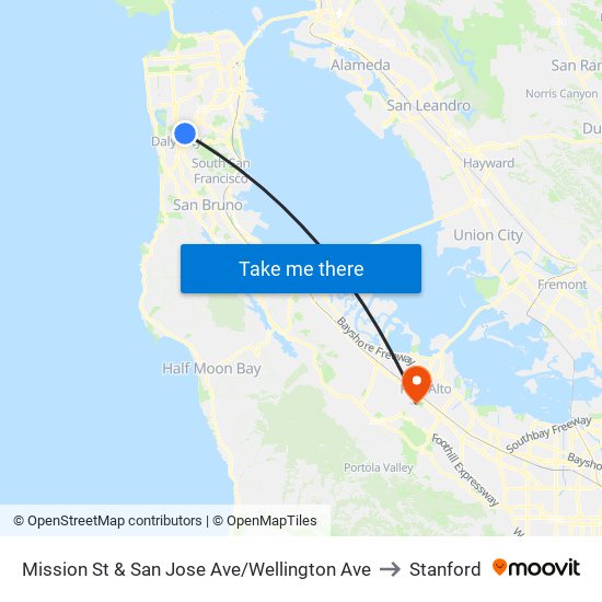 Mission St & San Jose Ave/Wellington Ave to Stanford map