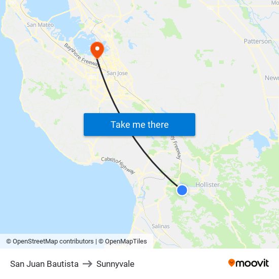 San Juan Bautista to Sunnyvale map