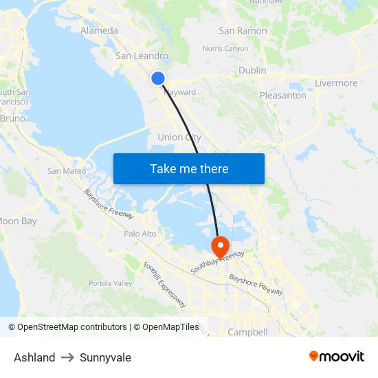 Ashland to Sunnyvale map