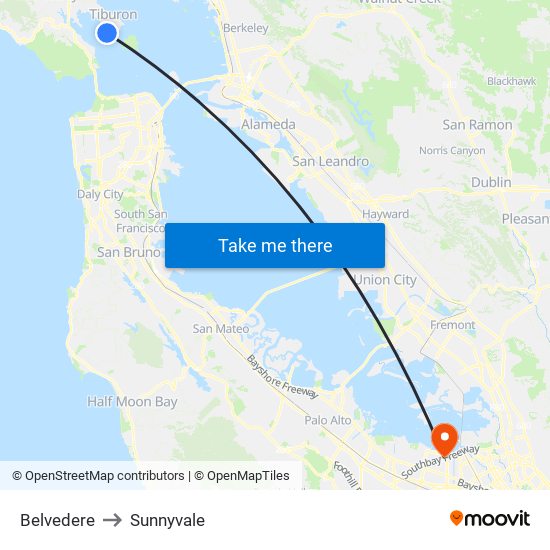 Belvedere to Sunnyvale map