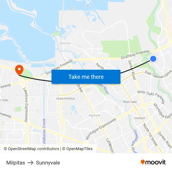 Milpitas to Sunnyvale map