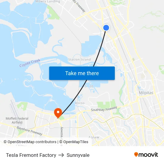 Tesla Fremont Factory to Sunnyvale map