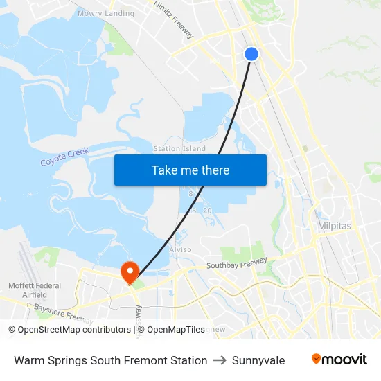 Warm Springs South Fremont Station to Sunnyvale map