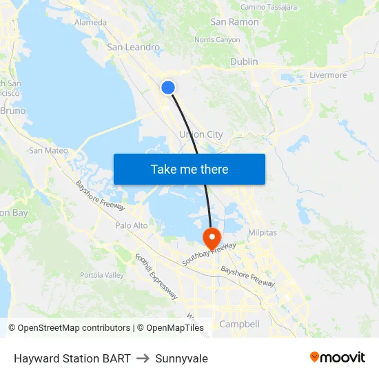 Hayward Station BART to Sunnyvale map