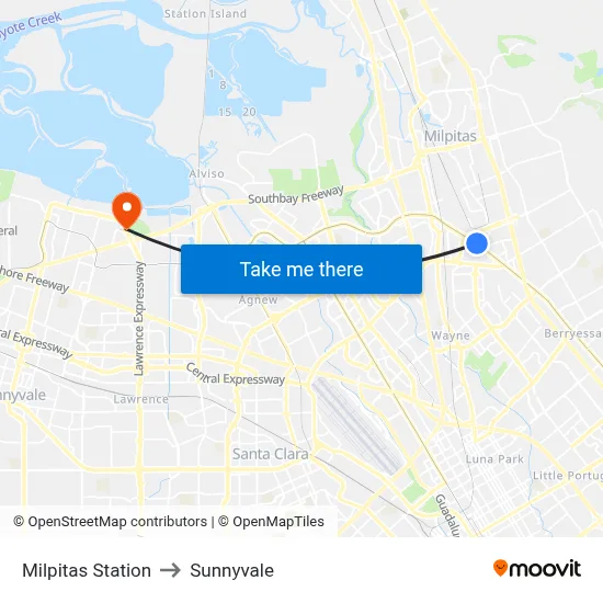 Milpitas Station to Sunnyvale map