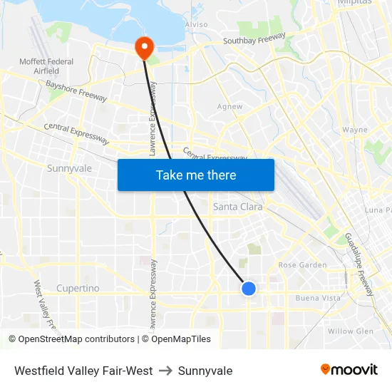 Westfield Valley Fair-West to Sunnyvale map