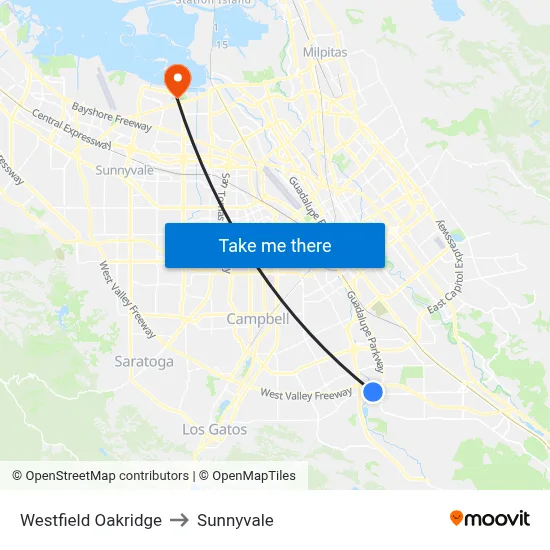 Westfield Oakridge to Sunnyvale map