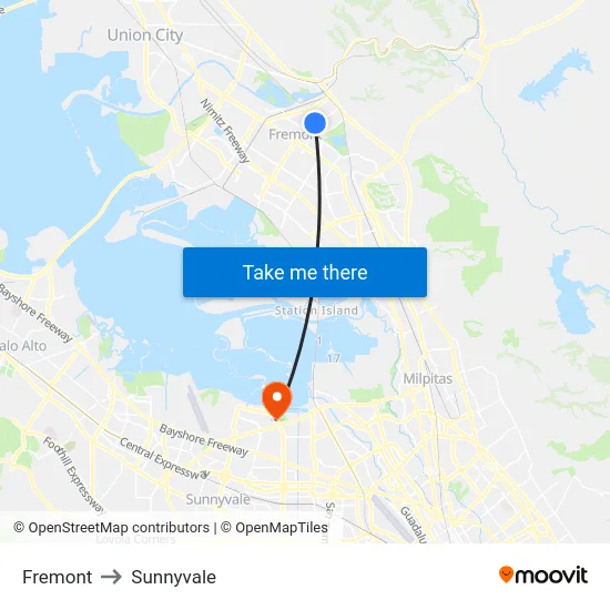 Fremont to Sunnyvale map