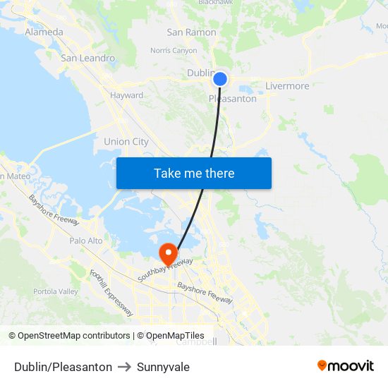 Dublin/Pleasanton to Sunnyvale map