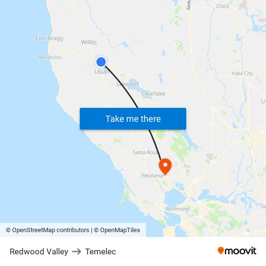 Redwood Valley to Temelec map