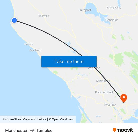 Manchester to Temelec map