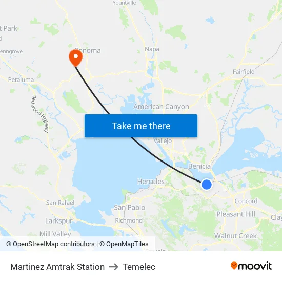 Martinez Amtrak Station to Temelec map