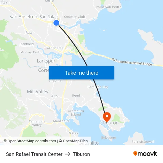 San Rafael Transit Center to Tiburon map