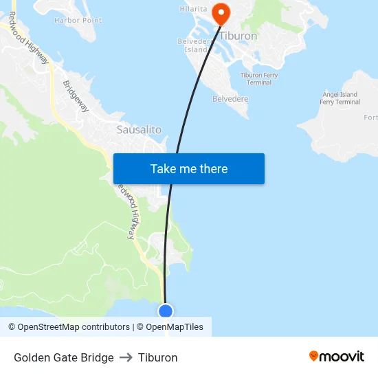Golden Gate Bridge to Tiburon map