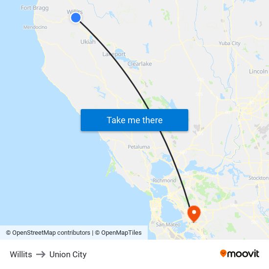 Willits to Union City map