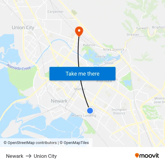 Newark to Union City map