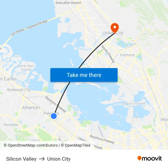 Silicon Valley to Union City map
