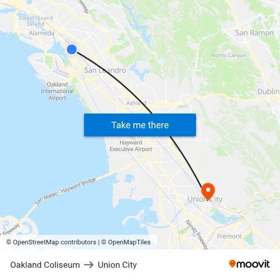 Oakland Coliseum to Union City map