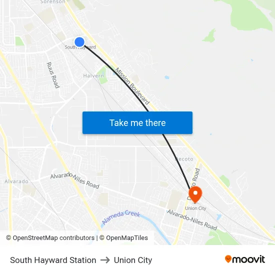 South Hayward Station to Union City map