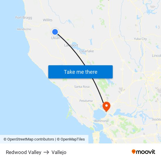 Redwood Valley to Vallejo map