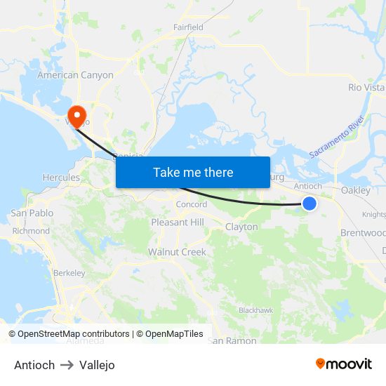 Antioch to Vallejo map