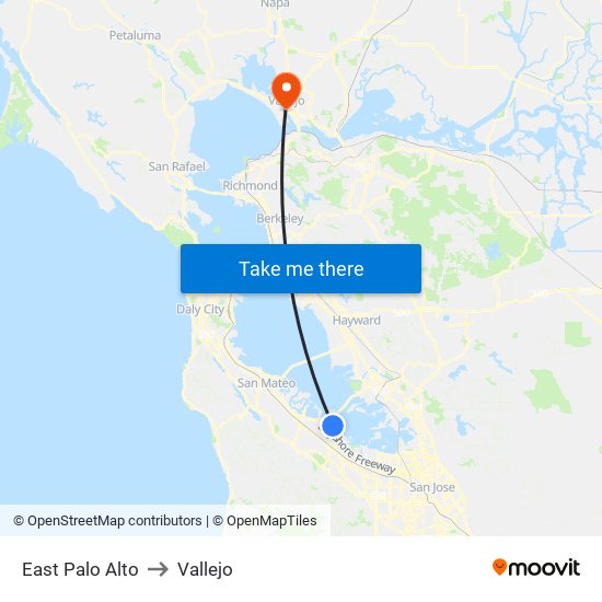 East Palo Alto to Vallejo map