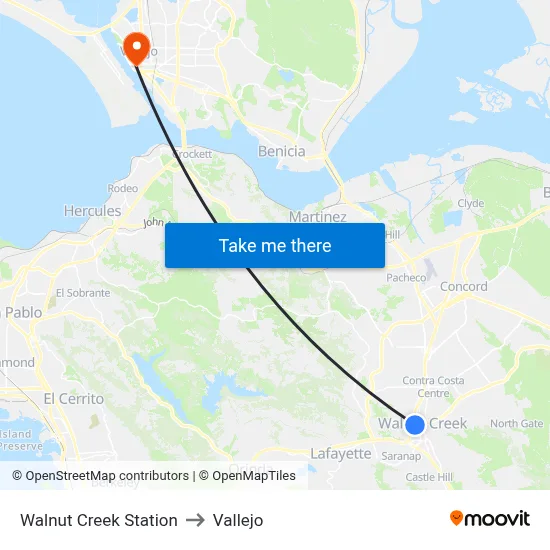 Walnut Creek Station to Vallejo map