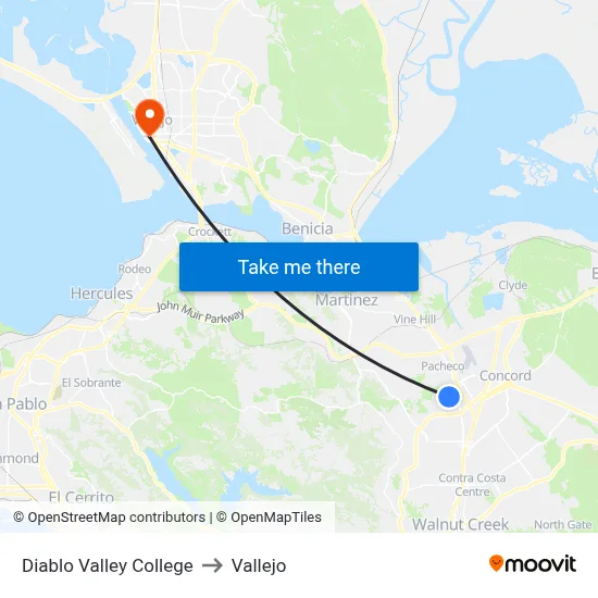 Diablo Valley College to Vallejo map