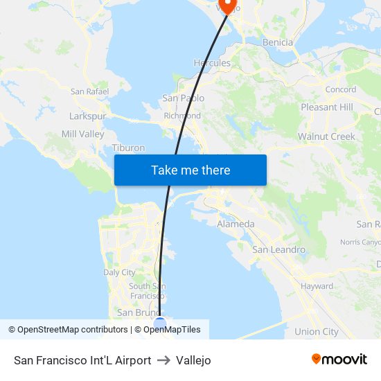 San Francisco Int'L Airport to Vallejo map