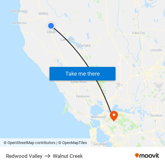 Redwood Valley to Walnut Creek map