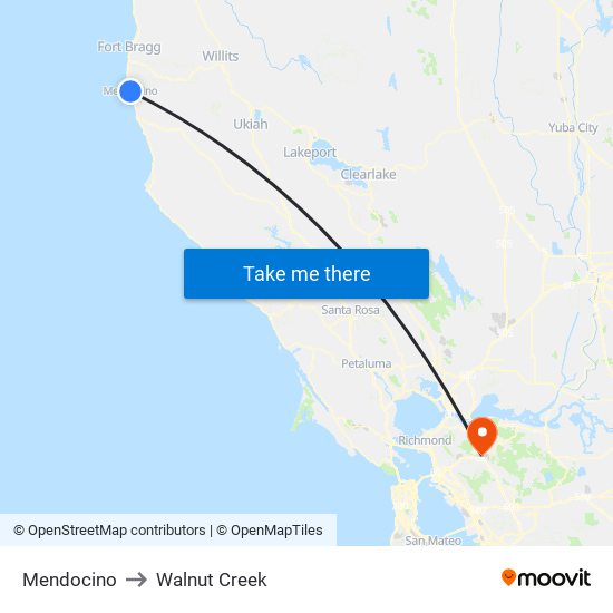 Mendocino to Walnut Creek map