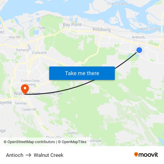 Antioch to Walnut Creek map