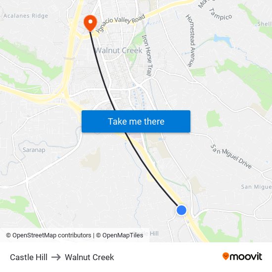 Castle Hill to Walnut Creek map
