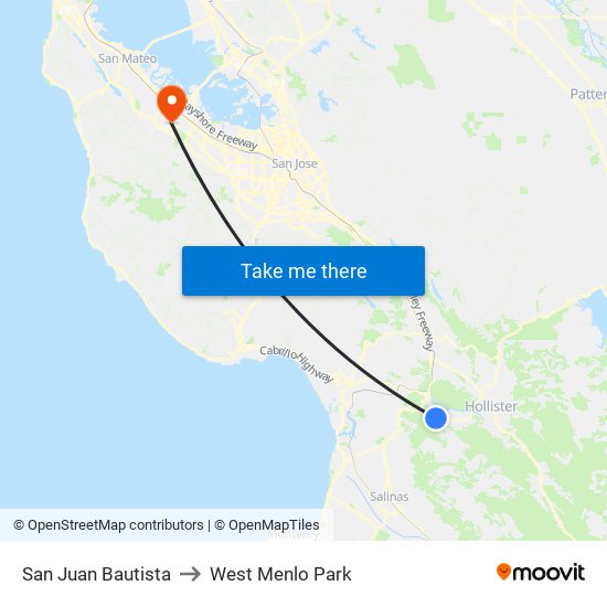 San Juan Bautista to West Menlo Park map