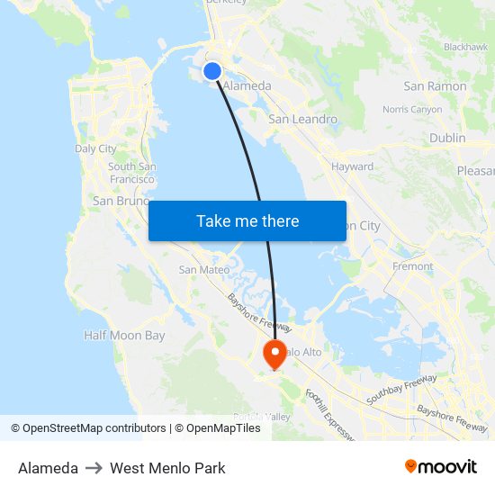 Alameda to West Menlo Park map