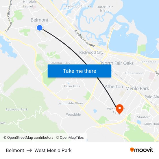 Belmont to West Menlo Park map