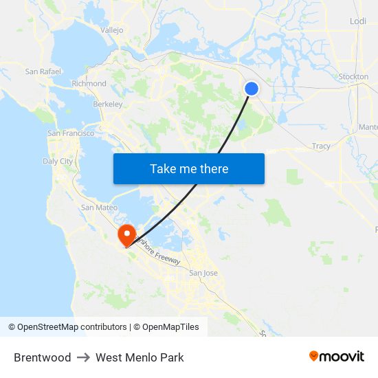 Brentwood to West Menlo Park map