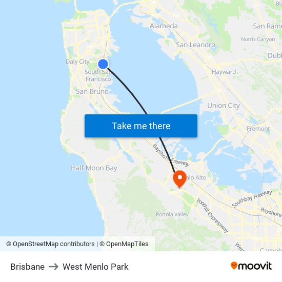 Brisbane to West Menlo Park map