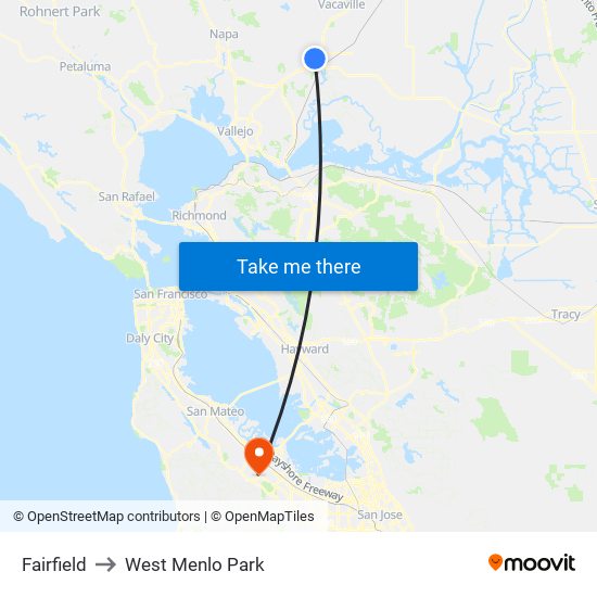 Fairfield to West Menlo Park map