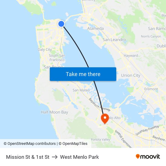 Mission St & 1st St to West Menlo Park map