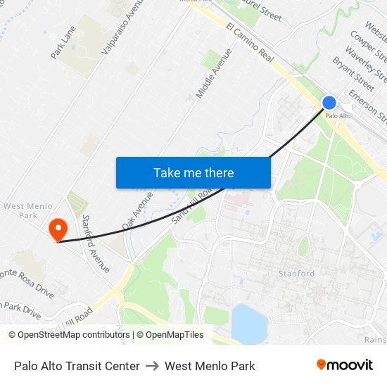 Palo Alto Transit Center to West Menlo Park map