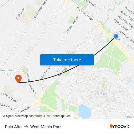 Palo Alto to West Menlo Park map