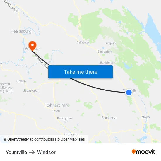 Yountville to Windsor map